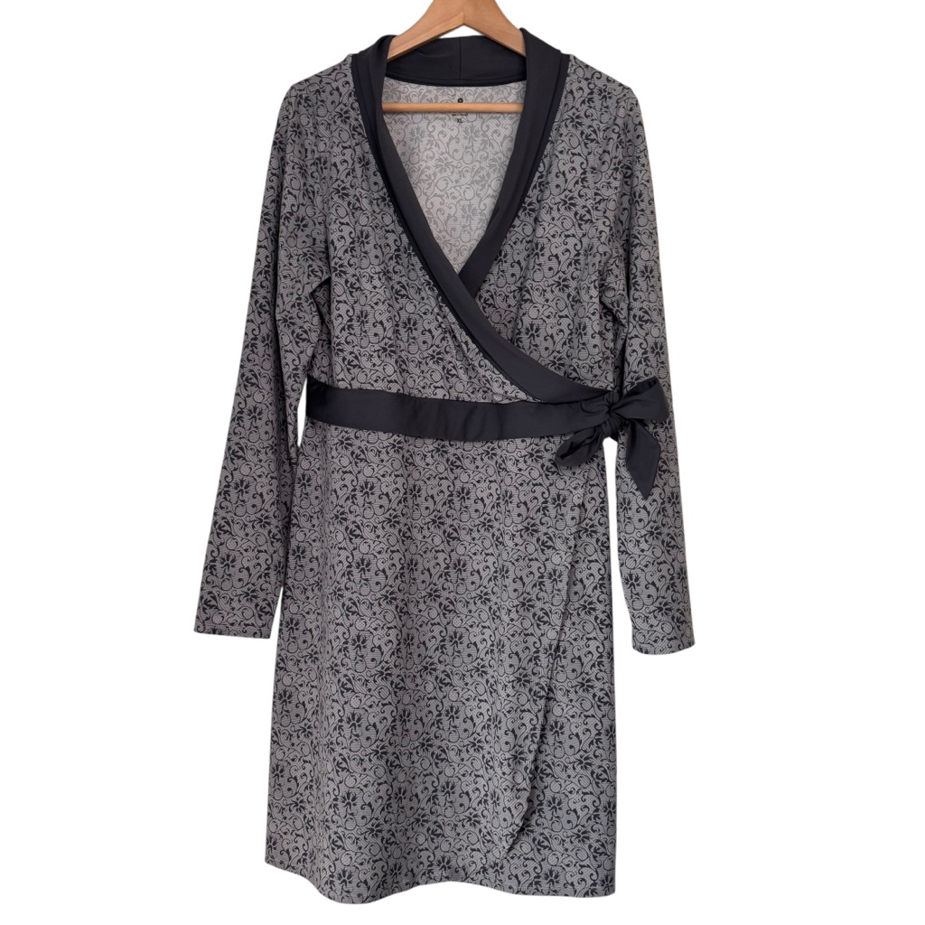 Athleta Welllington Gray Faux Wrap Dress Size Xl Long Sleeve Yoga Stretch V-Neck